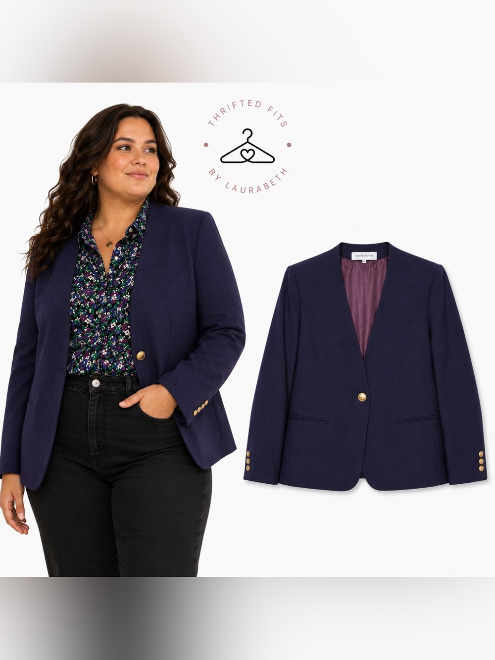 Classic Jones New York Navy Collarless Wool Blazer with Gold Buttons